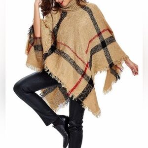Unbranded Stylish Turtleneck Plaid Poncho with Fringe free size